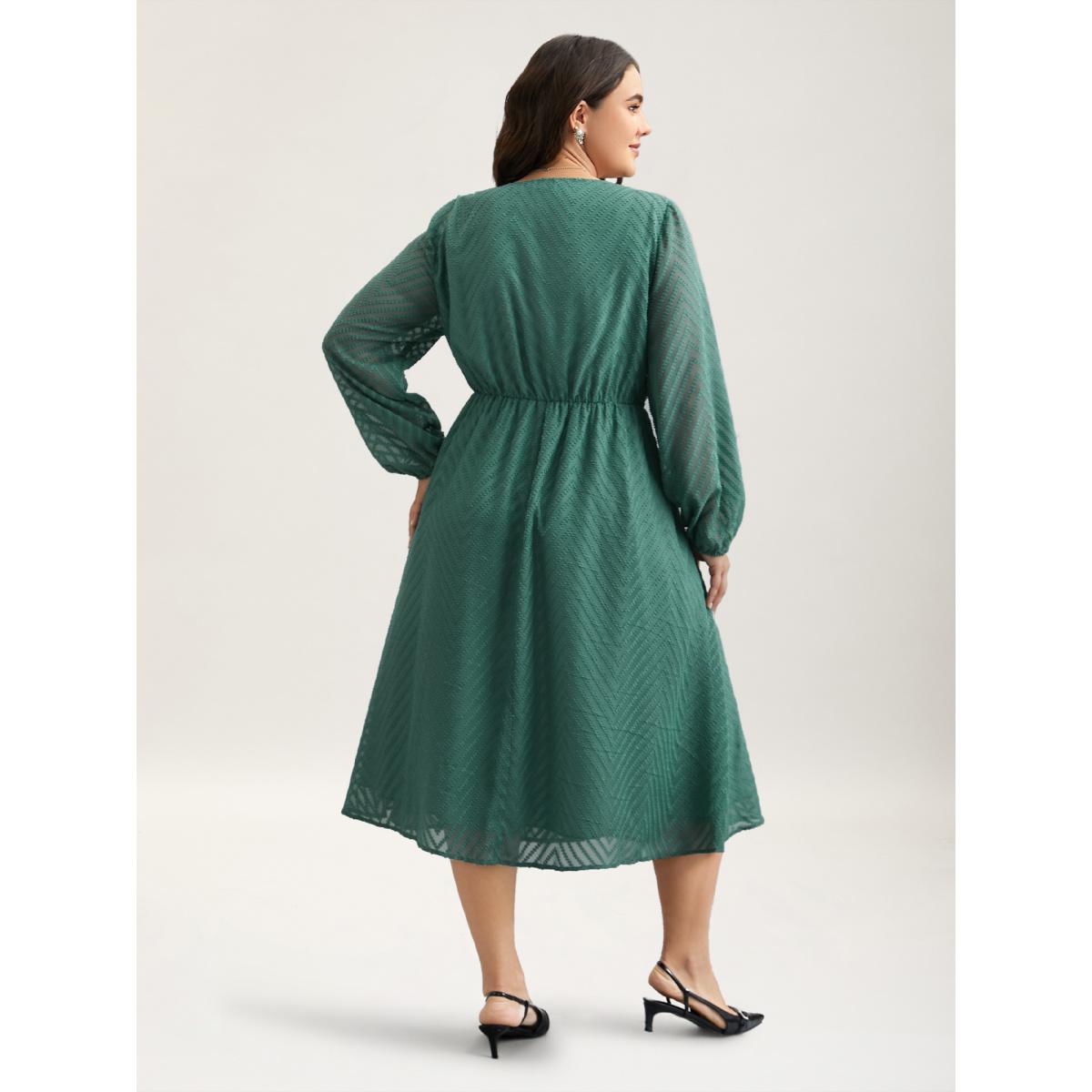 Plus Size Sheer Textured Lace Detail Pockets Midi Dress Teal Women Elegant Woven ribbon&lace trim V-neck Long Sleeve Curvy BloomChic 30/6X Product Image