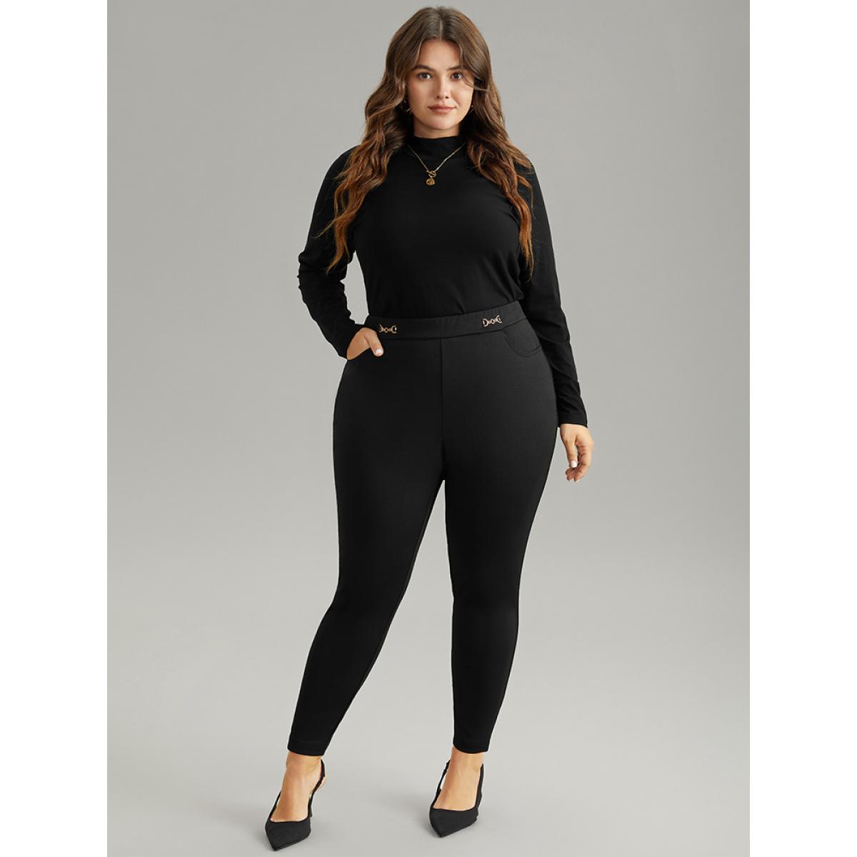 Plus Size Plain Buckle Detail Slant Pocket Pants Women Black Elegant Skinny High Rise Dailywear Pants BloomChic 18-20/2X Product Image