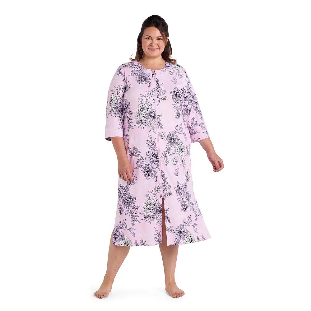 Plus Size Miss Elaine Essentials Interlock Knit Long Zip Robe, Women's, Size: 3XL, Pink Print Product Image