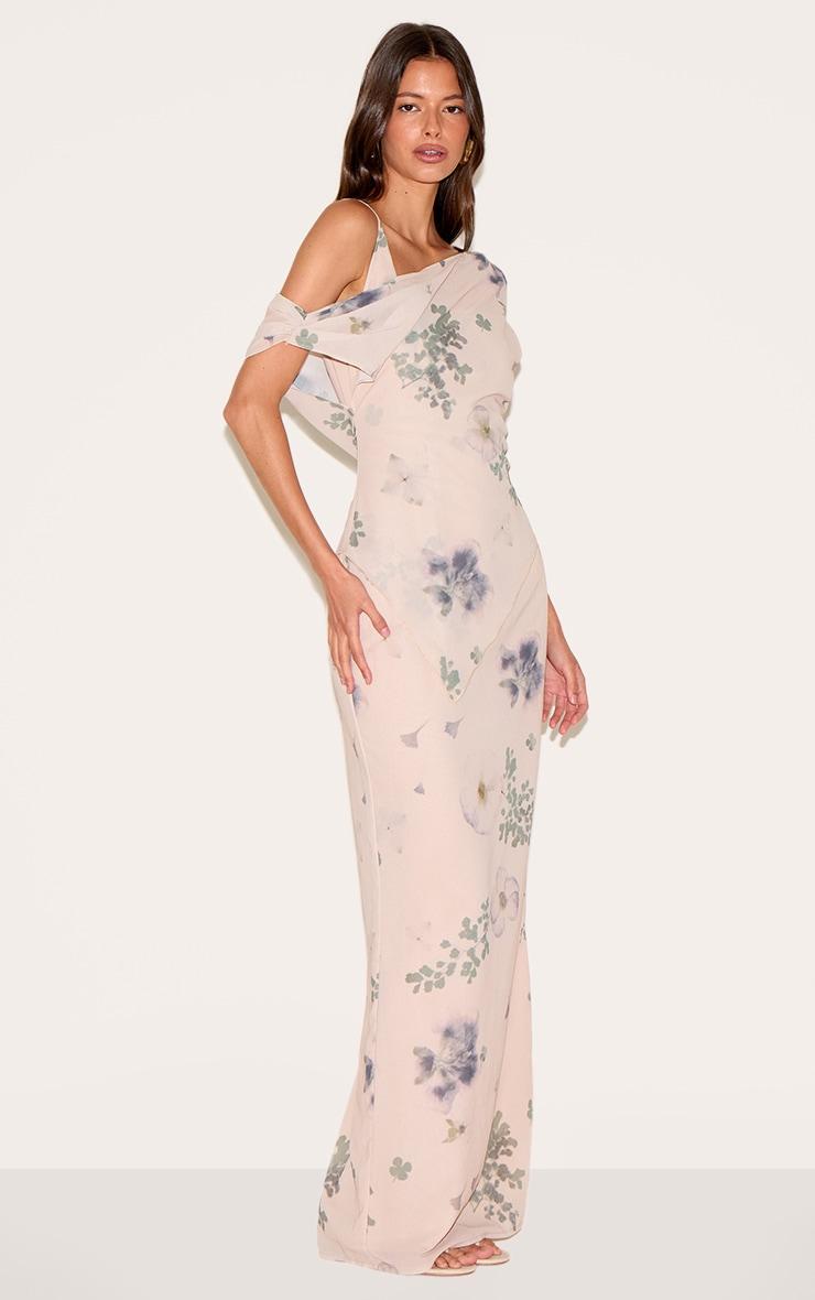 Sand Abstract Printed Chiffon Draped Maxi Dress Product Image