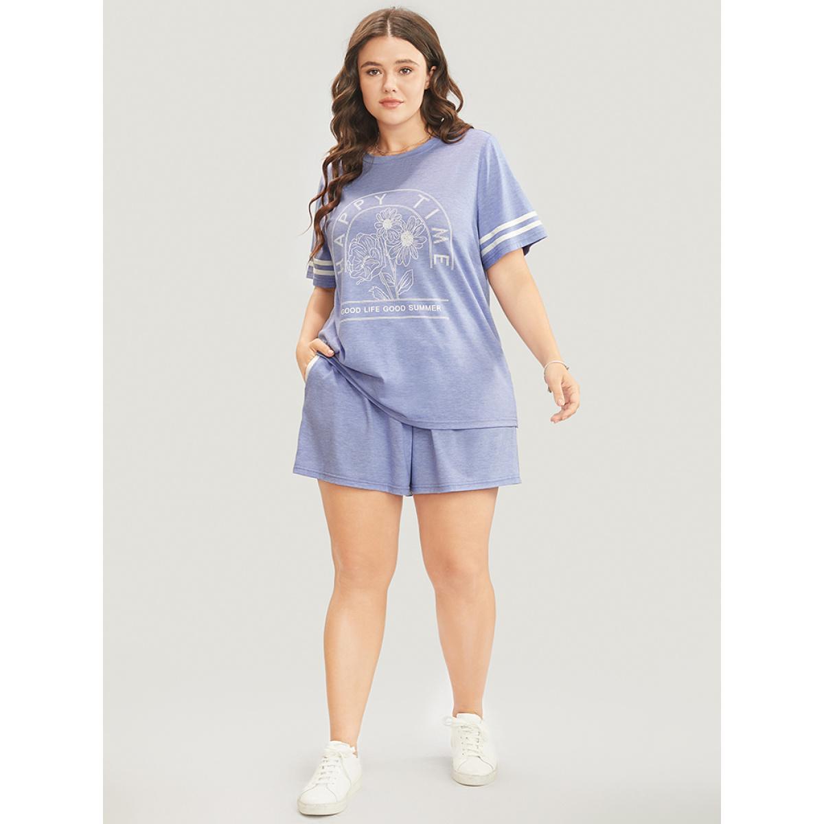 Plus Size Floral & Letter Print Contrast Round Neck Sleep Top Women LightBlue Casual Floral Contrast Round Neck Loungewear BloomChic 28/5X Product Image