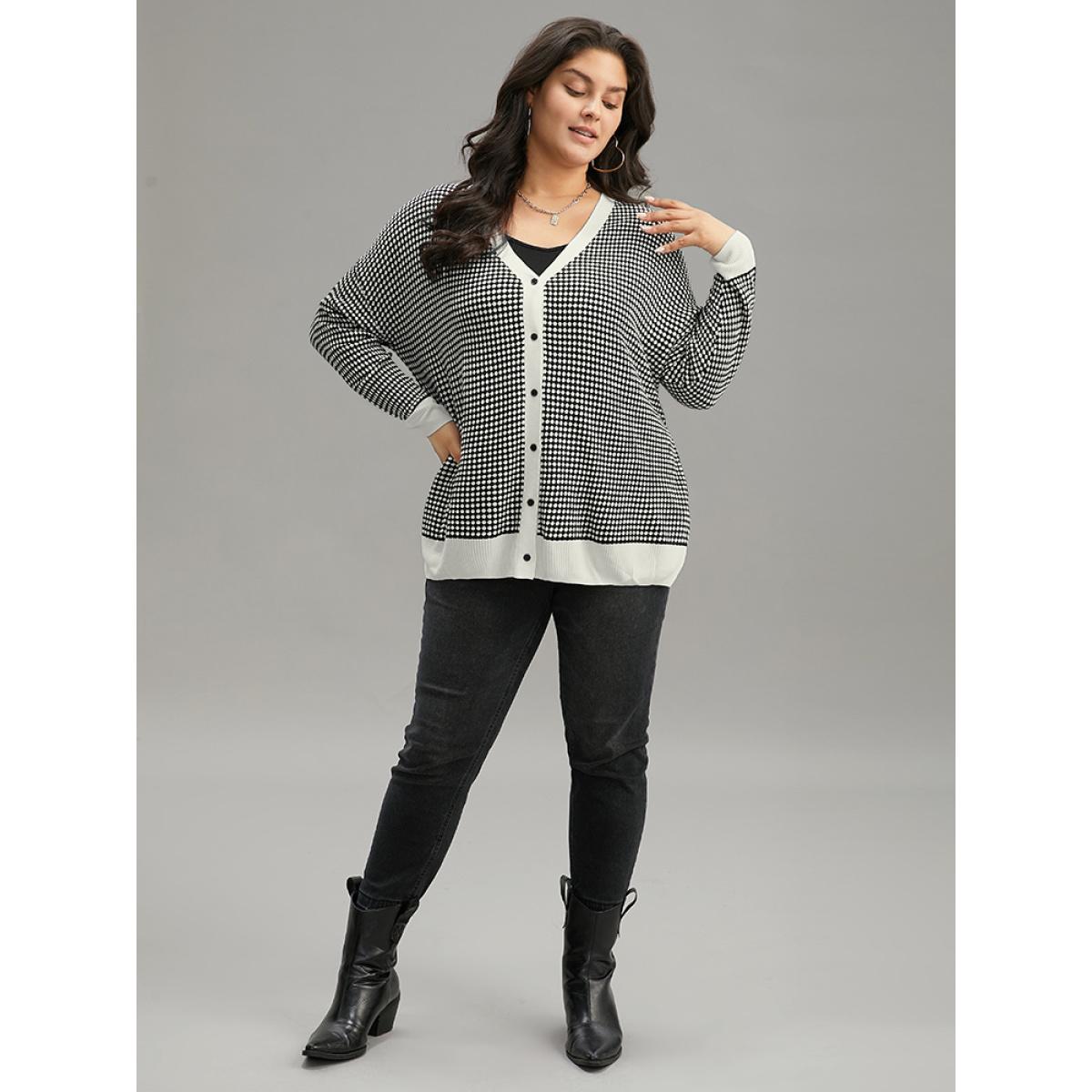 Plus Size Polka Dot Patchwork Button Through Cardigan Black Women Casual Loose Long Sleeve Dailywear Cardigans BloomChic 30/6X Product Image