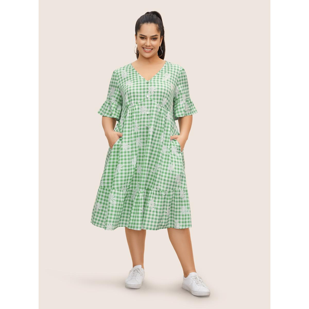 Plus Size Gingham Floral Ruffles Button Detail Dress Sage Women Casual Button V-neck Half Sleeve Curvy BloomChic 12/L Product Image