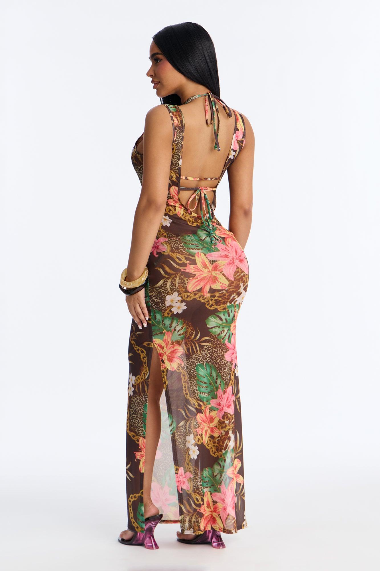 Wild Paradise Animal Floral Sheer Slits 3 Piece Bikini Dress Set - Brown/combo Female Product Image