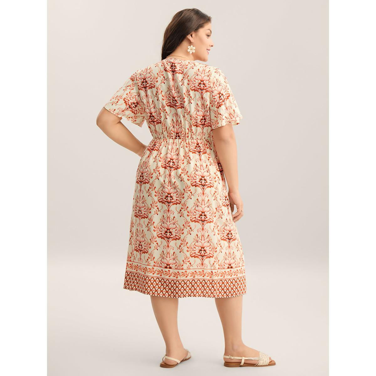 Plus Size Boho Floral Print Pockets Midi Dress Brightorange Women Overlap Collar Short sleeve Curvy BloomChic 22-24/3X Product Image