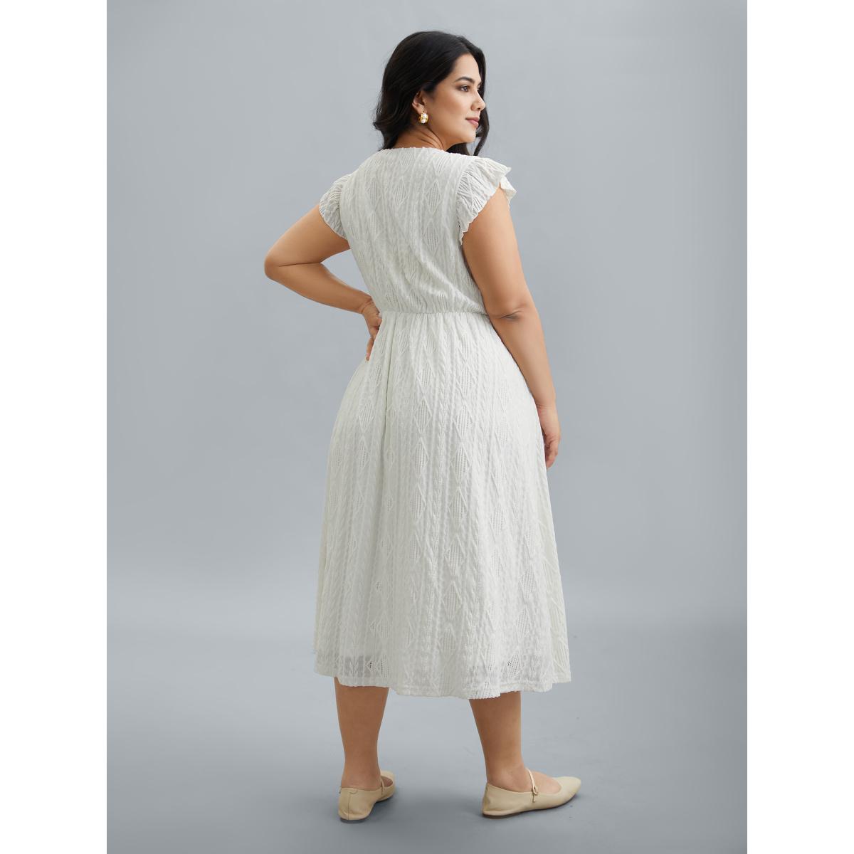Plus Size Flutter Sleeve Textured Pockets Midi Dress Ivory Women Casual Texture Round Neck Cap Sleeve Curvy BloomChic 30/6X Product Image