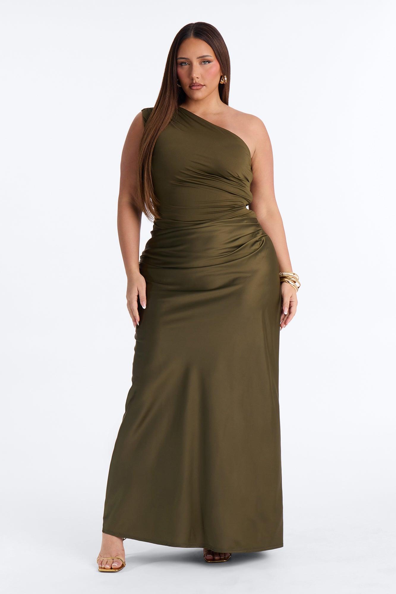 City Nights One Shoulder Satin Maxi Dress - Olive Female Product Image