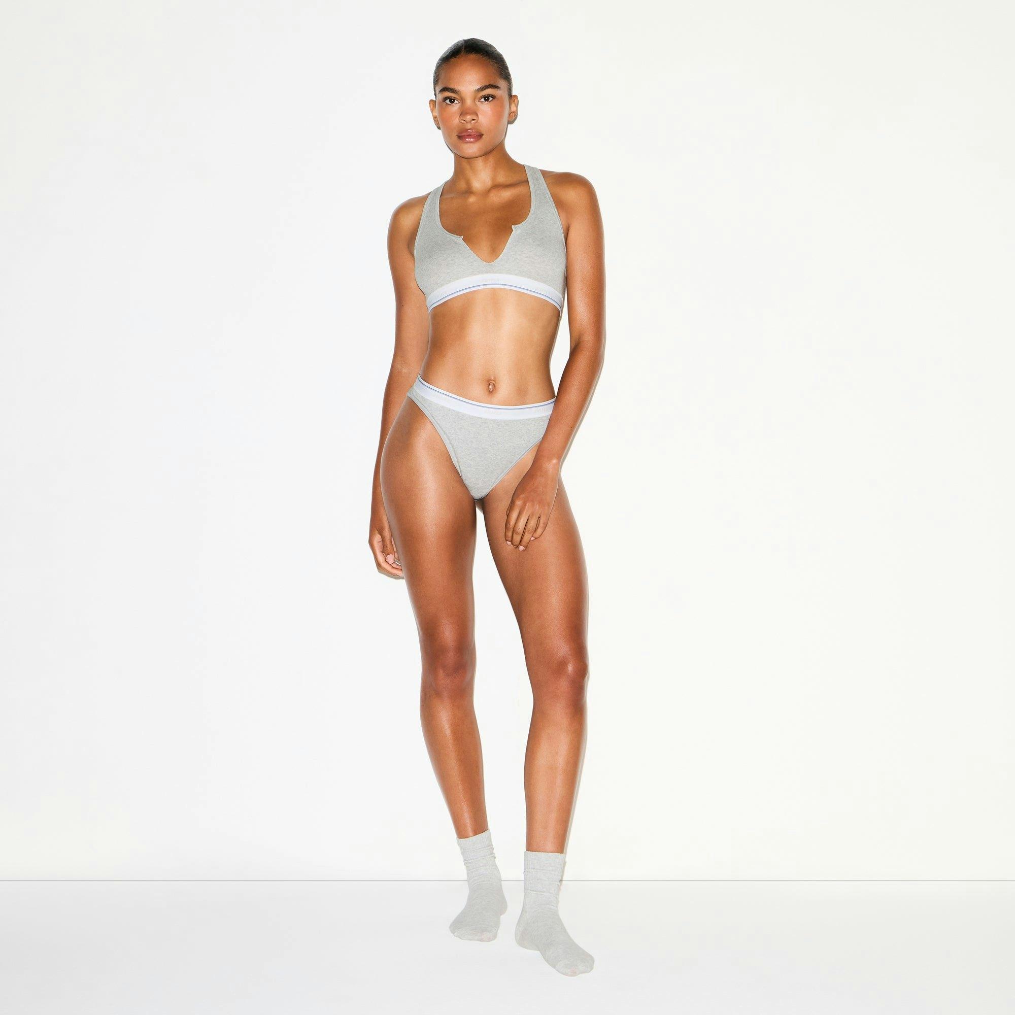 COTTON RIB SPLIT NECK BRALETTE | LIGHT HEATHER GREY STRIPE Product Image