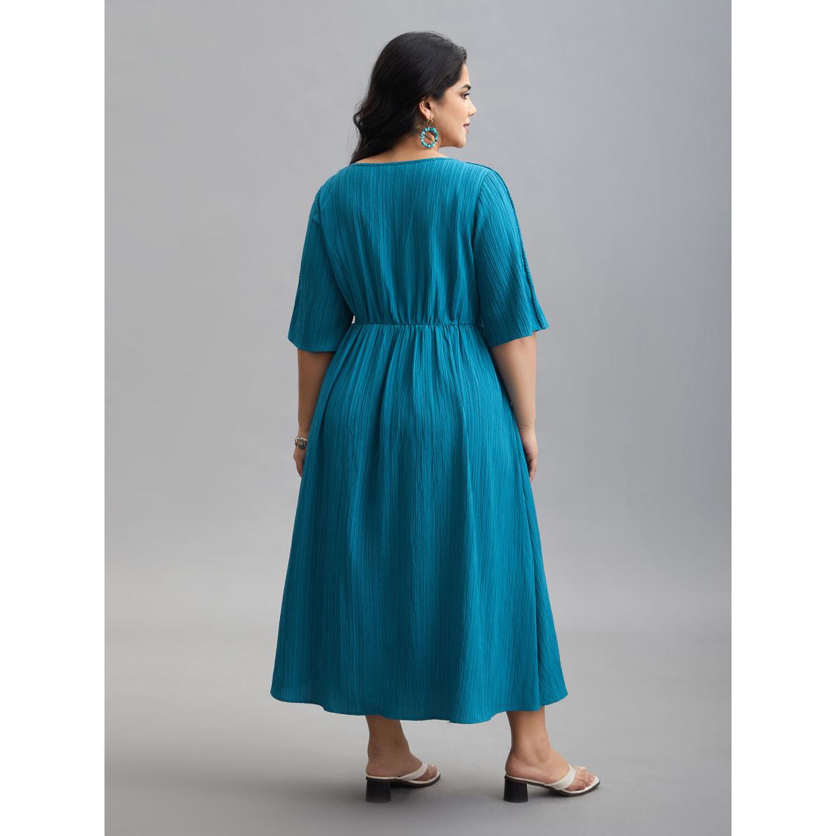 Plus Size Neck Cut-Out Textured Midi Dress Aegean Women Resort Woven ribbon&lace trim Round Neck Half Sleeve Curvy BloomChic 14-16/1X Product Image