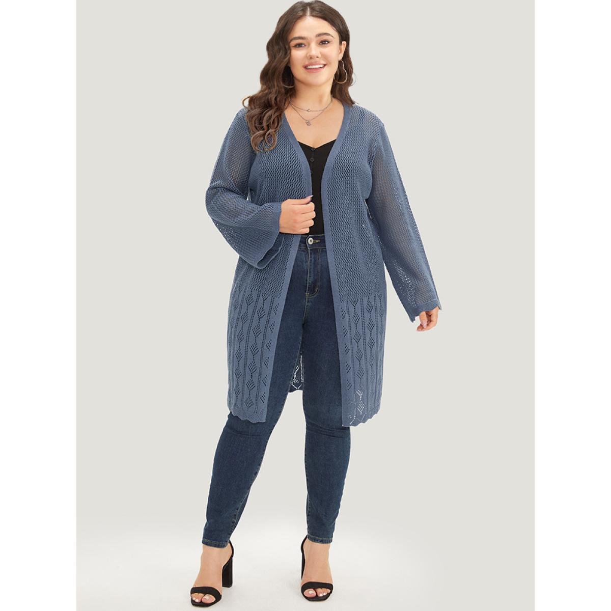 Plus Size Solid Geometric Eyelet Open Front Cardigan Aegean Women Casual Loose Long Sleeve Dailywear Cardigans BloomChic 12/L Product Image