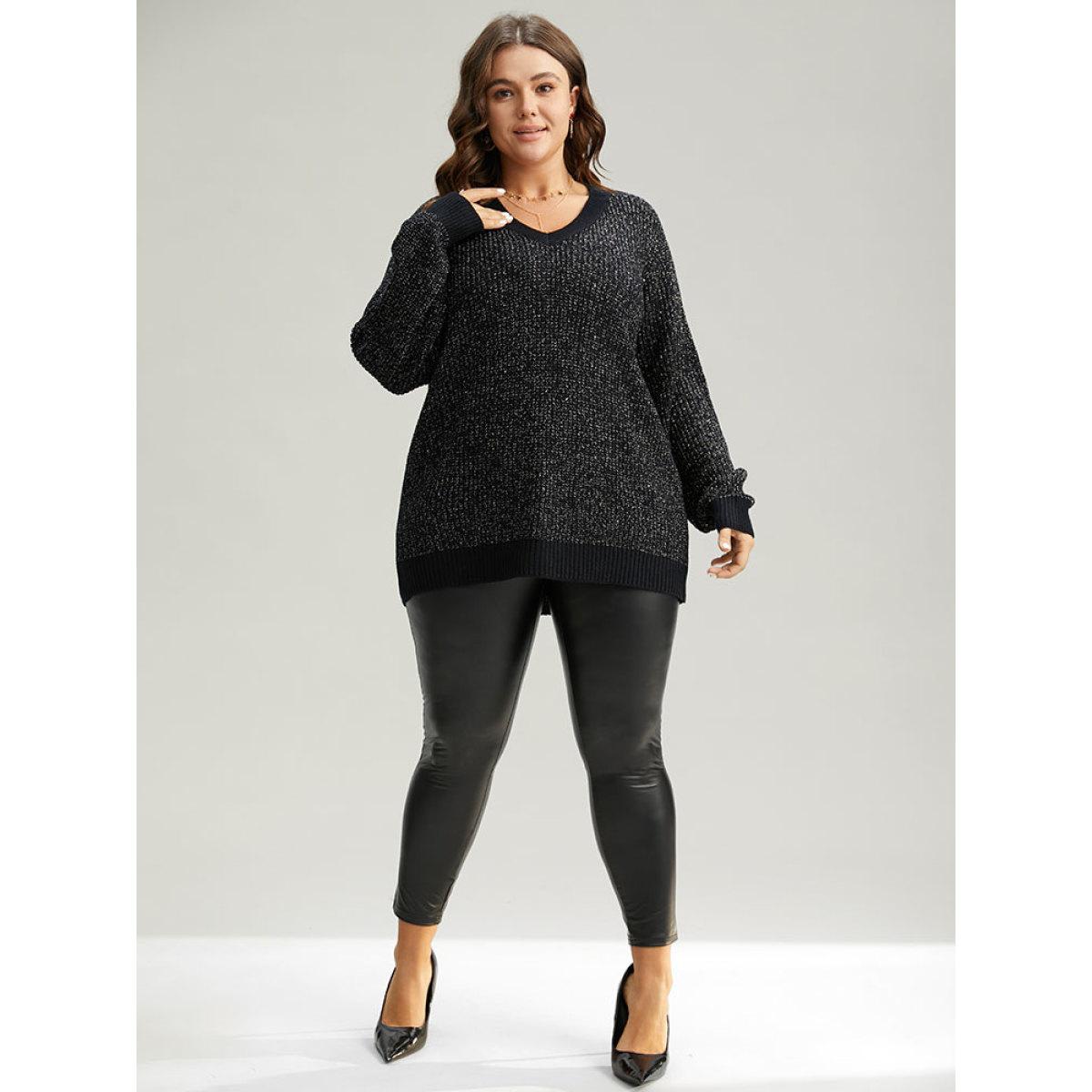 Plus Size Sparkly Elastic Cuffs Loose Pullover Black Women Casual Loose Long Sleeve V-neck Dailywear Pullovers BloomChic 10/M Product Image