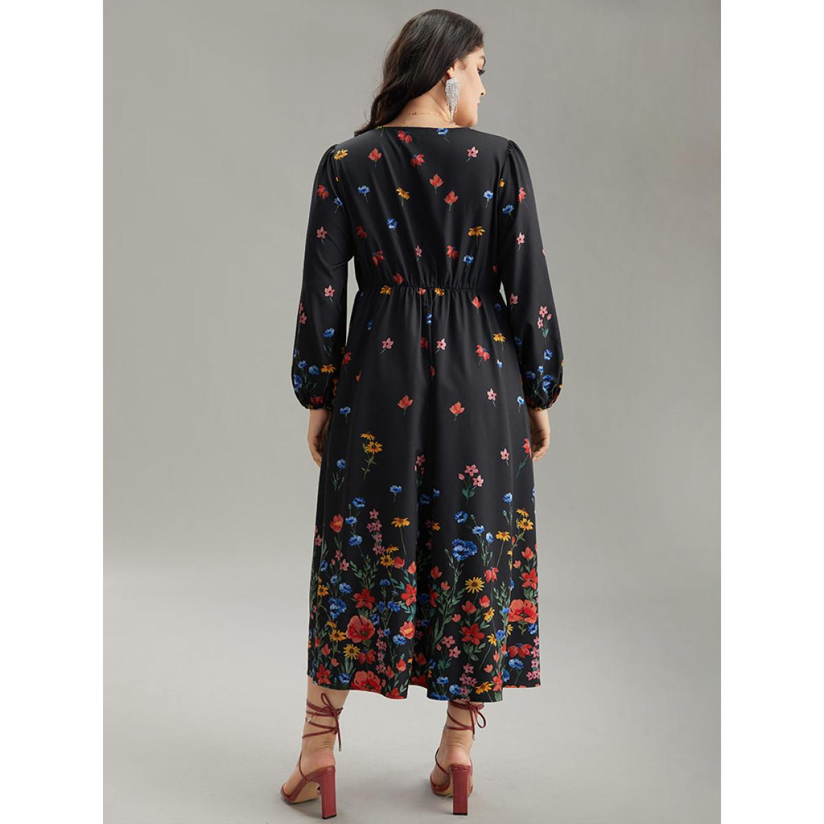 Plus Size Boho Print Overlap Collar Lantern Sleeve Dress Black Women Elegant Elastic cuffs Overlap Collar Long Sleeve Curvy Midi Dress BloomChic 18-20/2X Product Image