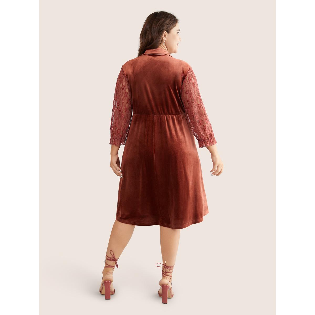 Plus Size Velvet Solid Guipure Lace Flutter Sleeve Dress Russet Women Elegant Velvet Lapel Collar Long Sleeve Curvy Midi Dress BloomChic 10/M Product Image