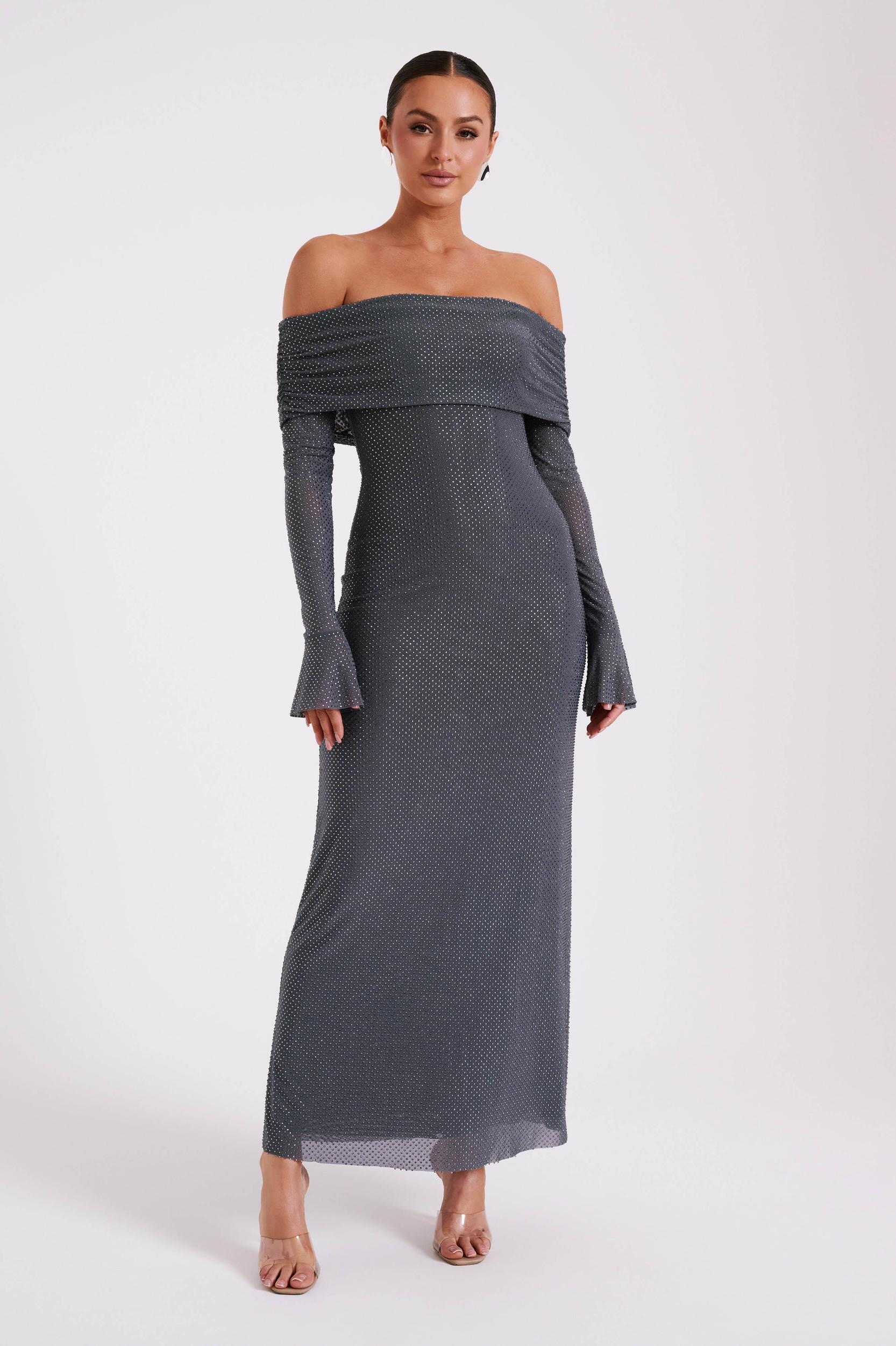 Marcel Off Shoulder Diamante Maxi Dress - Gunmetal Product Image