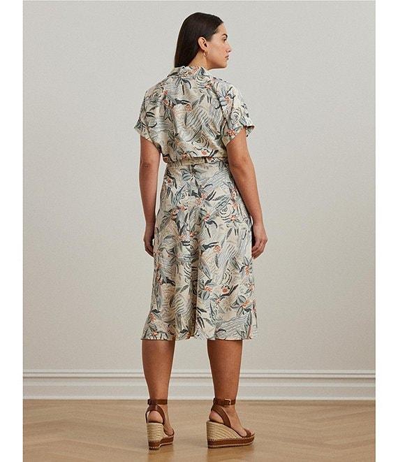 Lauren Ralph Lauren Plus Size Crepe de Chine Abstract Print Camp Collar Short Sleeve Belted Shirt Dress Product Image