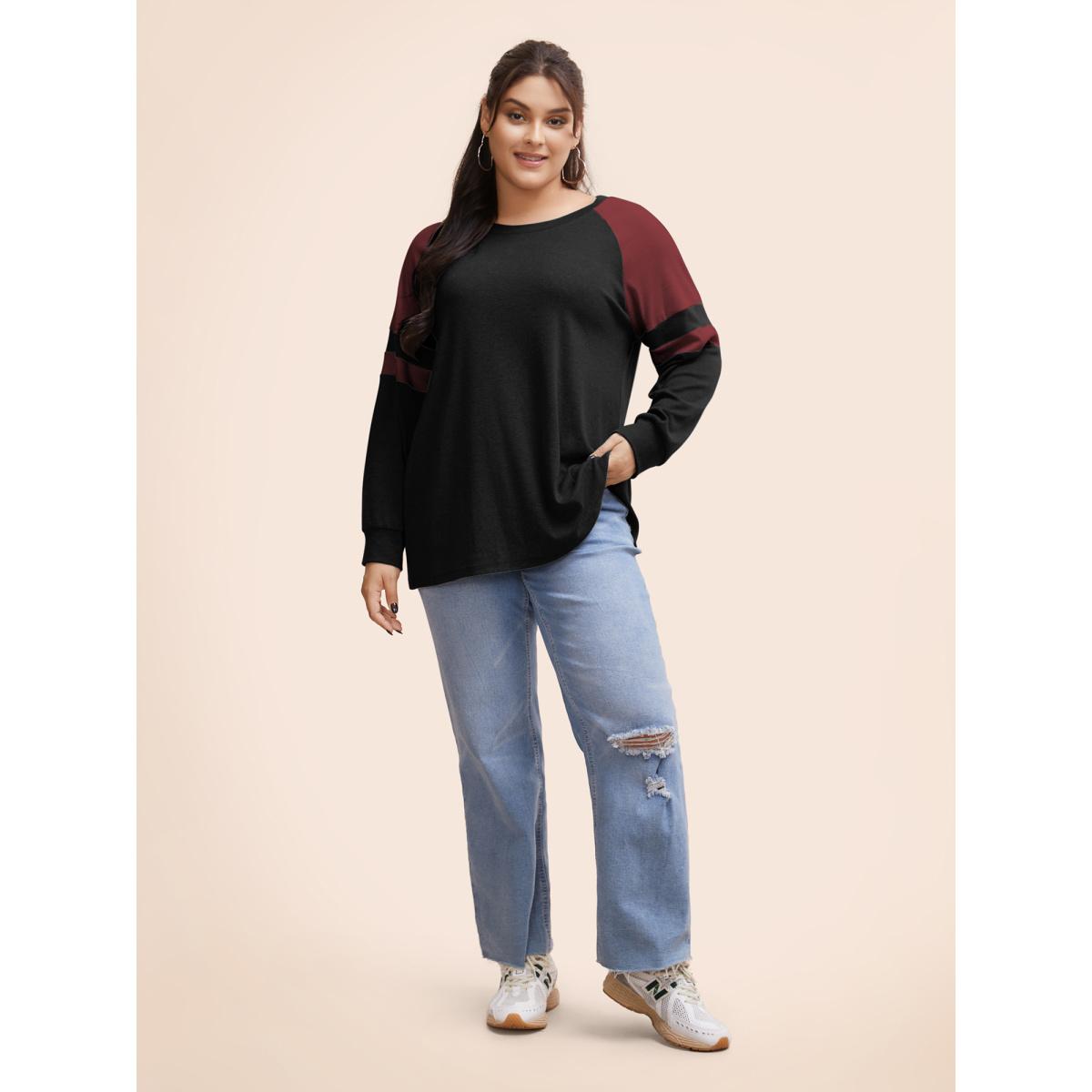 Plus Size Colorblock Contrast Stitch Raglan Sleeve T-shirt Black Women Casual Elastic cuffs Striped Round Neck Dailywear T-shirts BloomChic 12/L Product Image