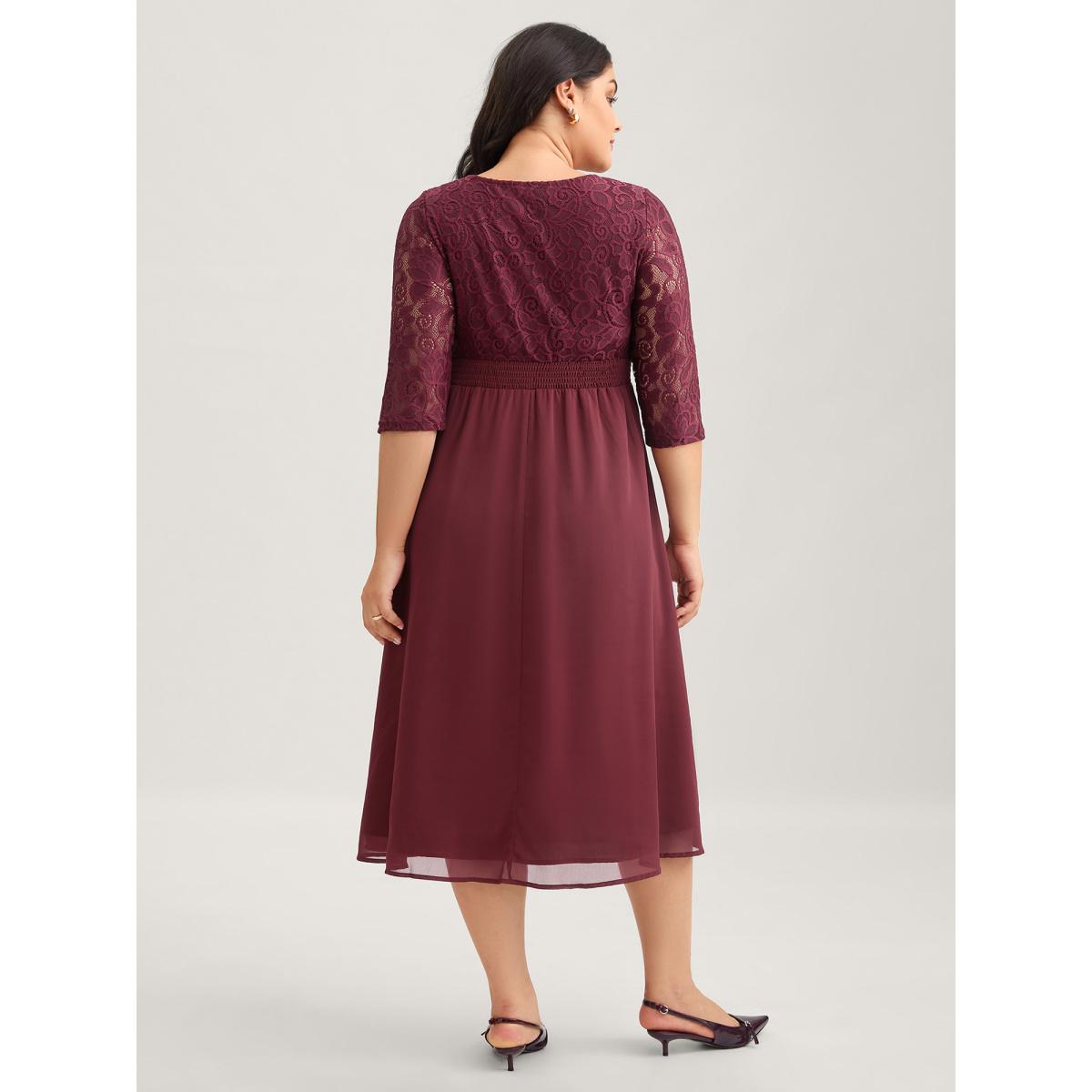Plus Size Lace Patchwork Shirred Midi Pocket Dress Burgundy Women Formal Woven ribbon&lace trim Round Neck Elbow-length sleeve Curvy BloomChic 12/L Product Image