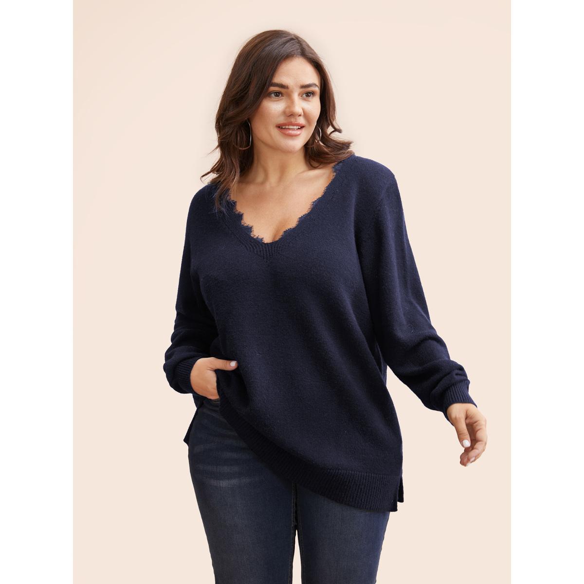 Plus Size V Neck Lace Patchwork Backless Pullover Indigo Women Elegant Long Sleeve V-neck Everyday Pullovers BloomChic 30/6X Product Image