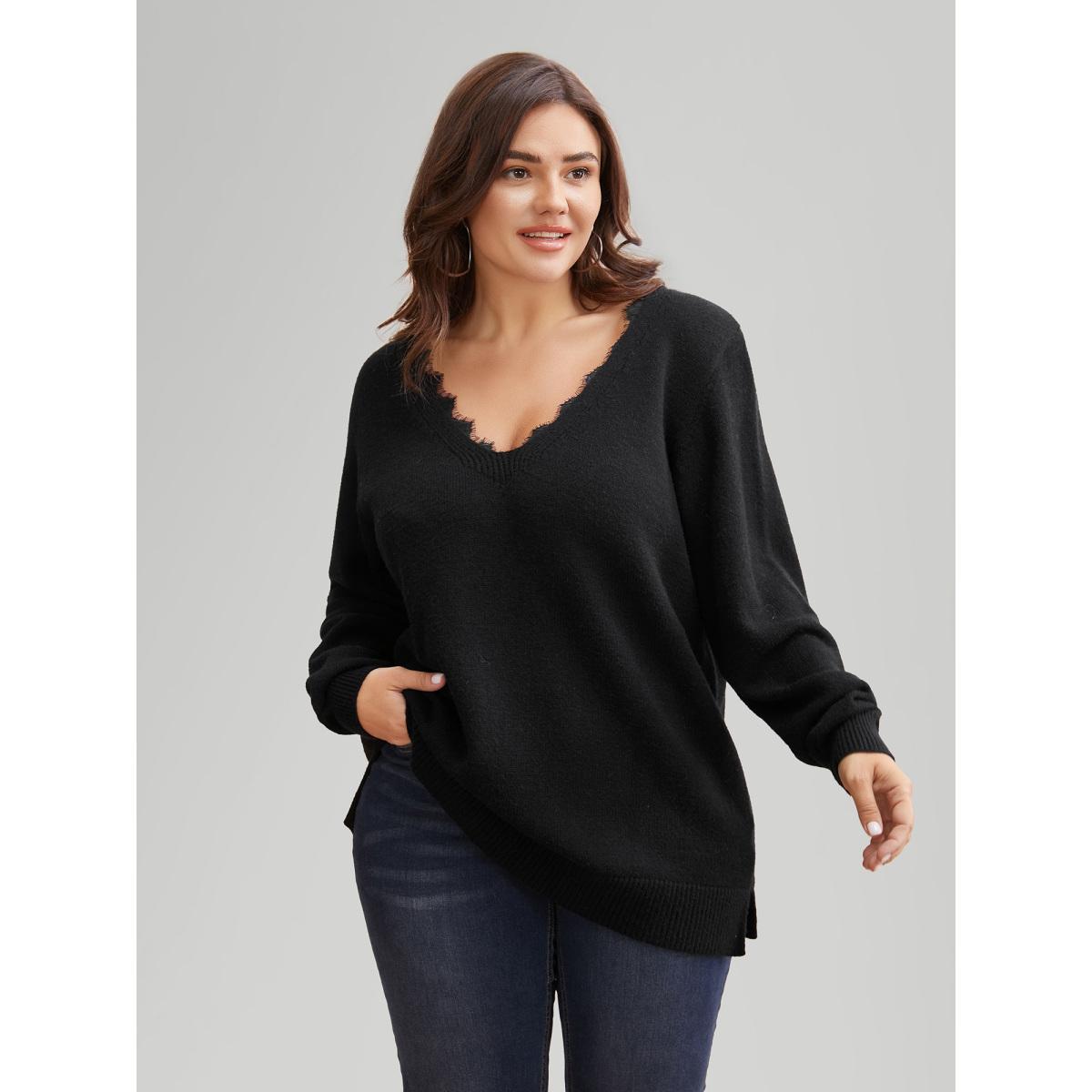 Plus Size V Neck Lace Patchwork Backless Pullover Black Women Elegant Long Sleeve V-neck Everyday Pullovers BloomChic 14-16/1X Product Image