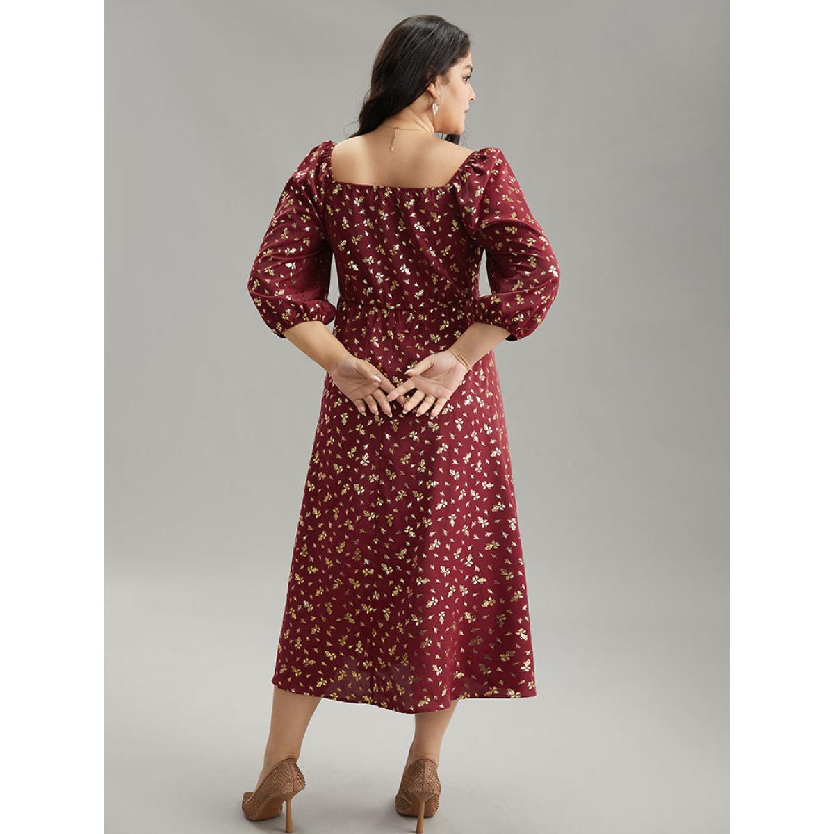 Plus Size Glitter Square Neck Shirred Split Front Frill Trim Dress Scarlet Women Party Elastic cuffs Square Neck Elbow-length sleeve Curvy Midi Dress BloomChic 14-16/1X Product Image