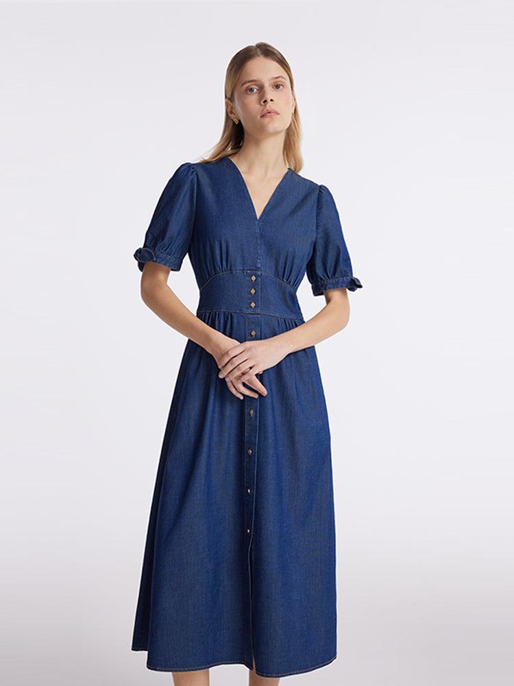 Gathered Waist Denim Women Midi Dress Product Image