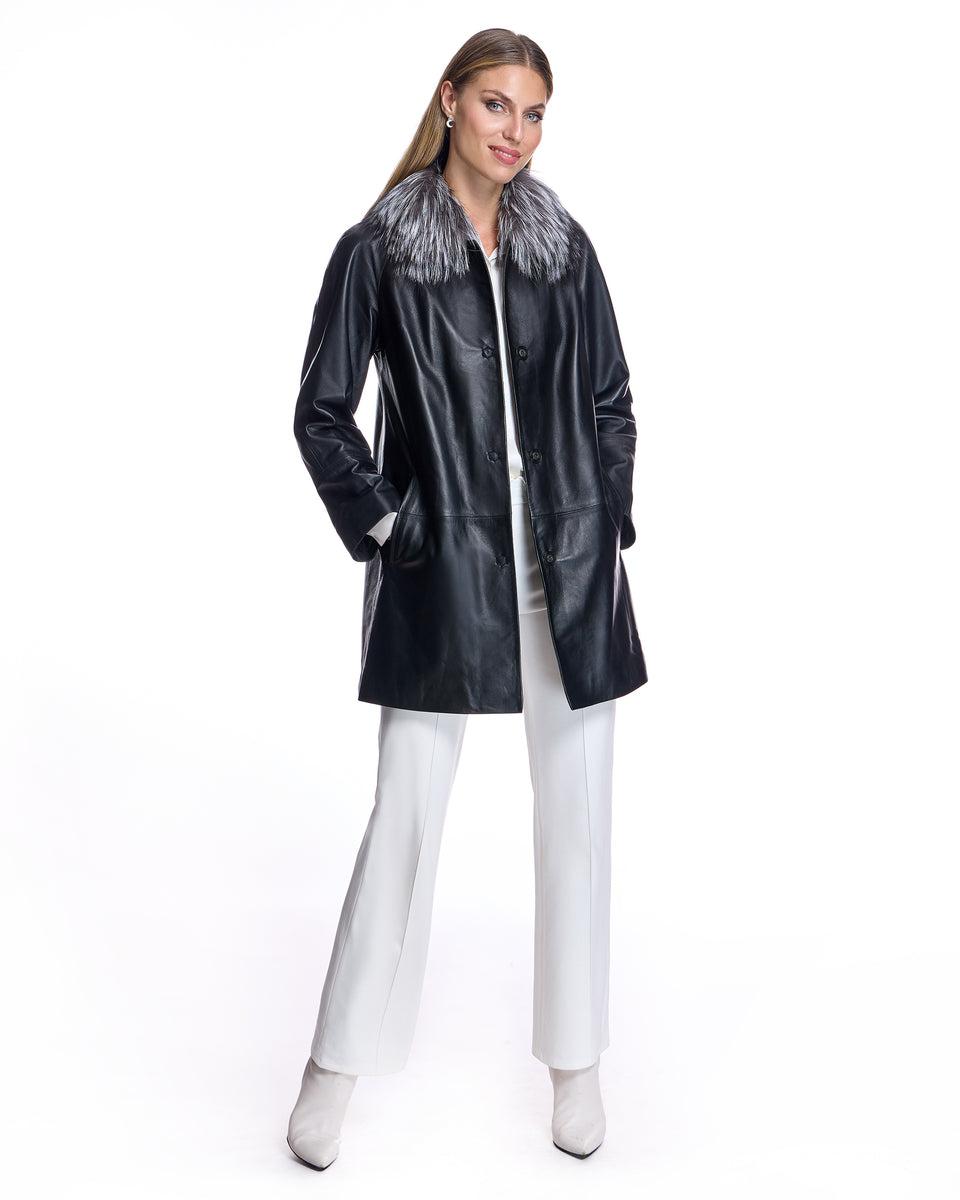 Leather Coat with Silver Fox Collar Product Image