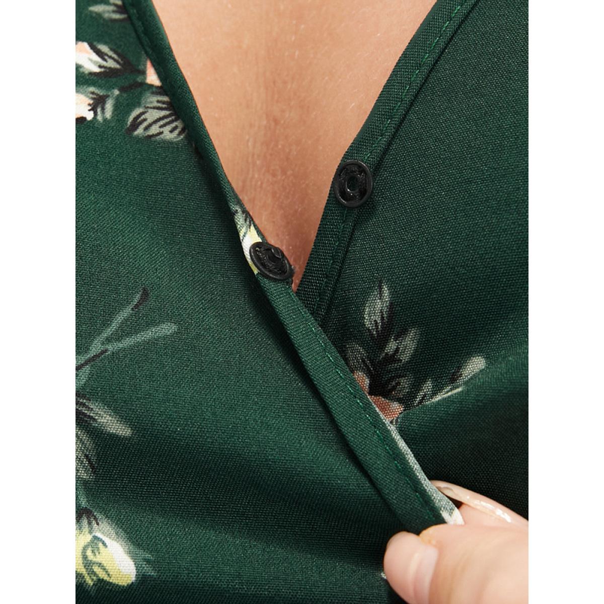 Plus Size Floral Lantern Sleeve Pocket Wrap Shirred Dress Without Hat DarkGreen Women Elegant Pocket V-neck Long Sleeve Curvy Midi Dress BloomChic 26/4X Product Image