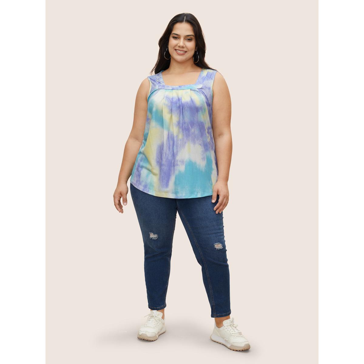 Plus Size Tie Dye U Neck Pleated Tank Top Women Multicolor Casual Contrast U-neck Everyday Tank Tops Camis BloomChic 22-24/3X Product Image
