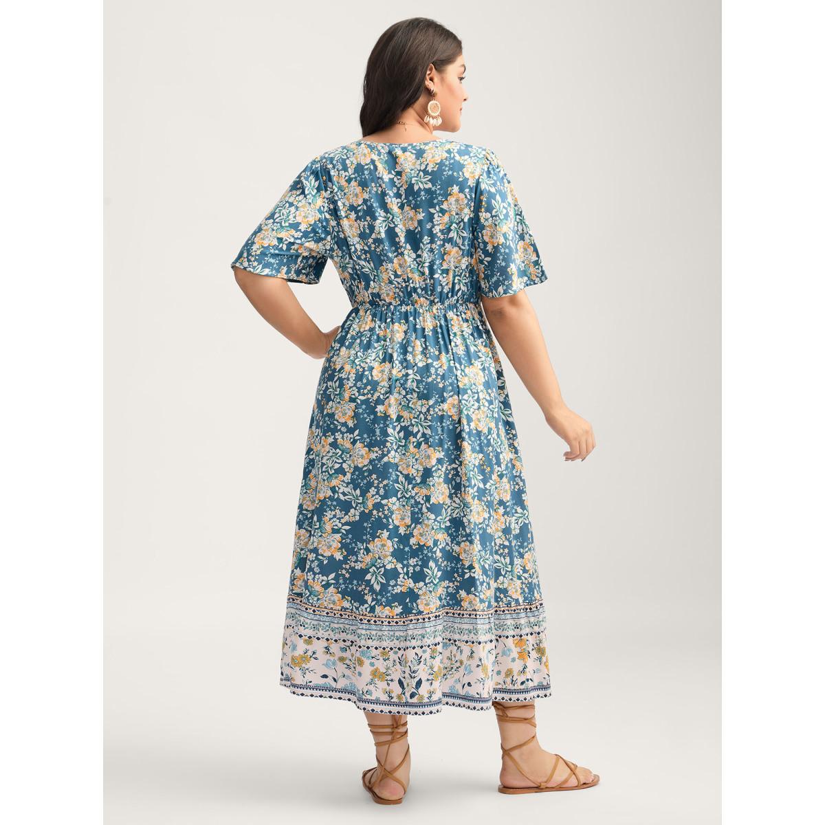 Plus Size Floral Contrast Button V-Neck Midi Dress Cerulean Women Contrast V-neck Half Sleeve Curvy BloomChic 14-16/1X Product Image