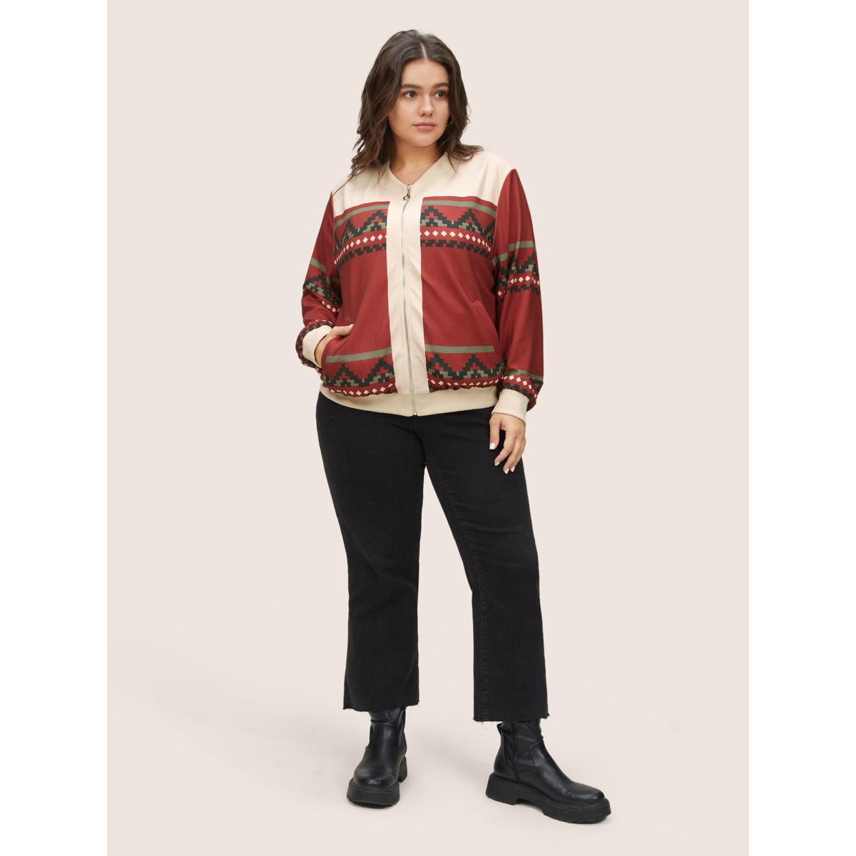 Plus Size Colorblock Rib Knit Pocket Zipper Fly Jacket Women Scarlet Non Slanted pocket Everyday Jackets BloomChic 10/M Product Image