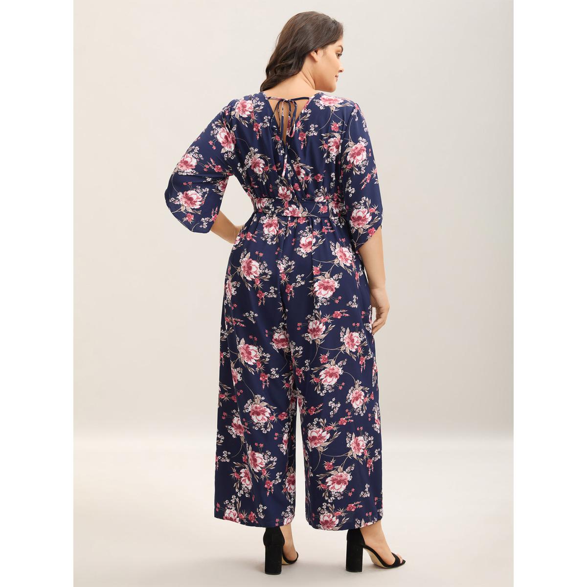 Plus Size DarkBlue Large Flower Pattern Pockets Belted Jumpsuit Women Elbow-length sleeve Overlap Collar Everyday-Elegant Loose Jumpsuits BloomChic 14-16/1X Product Image