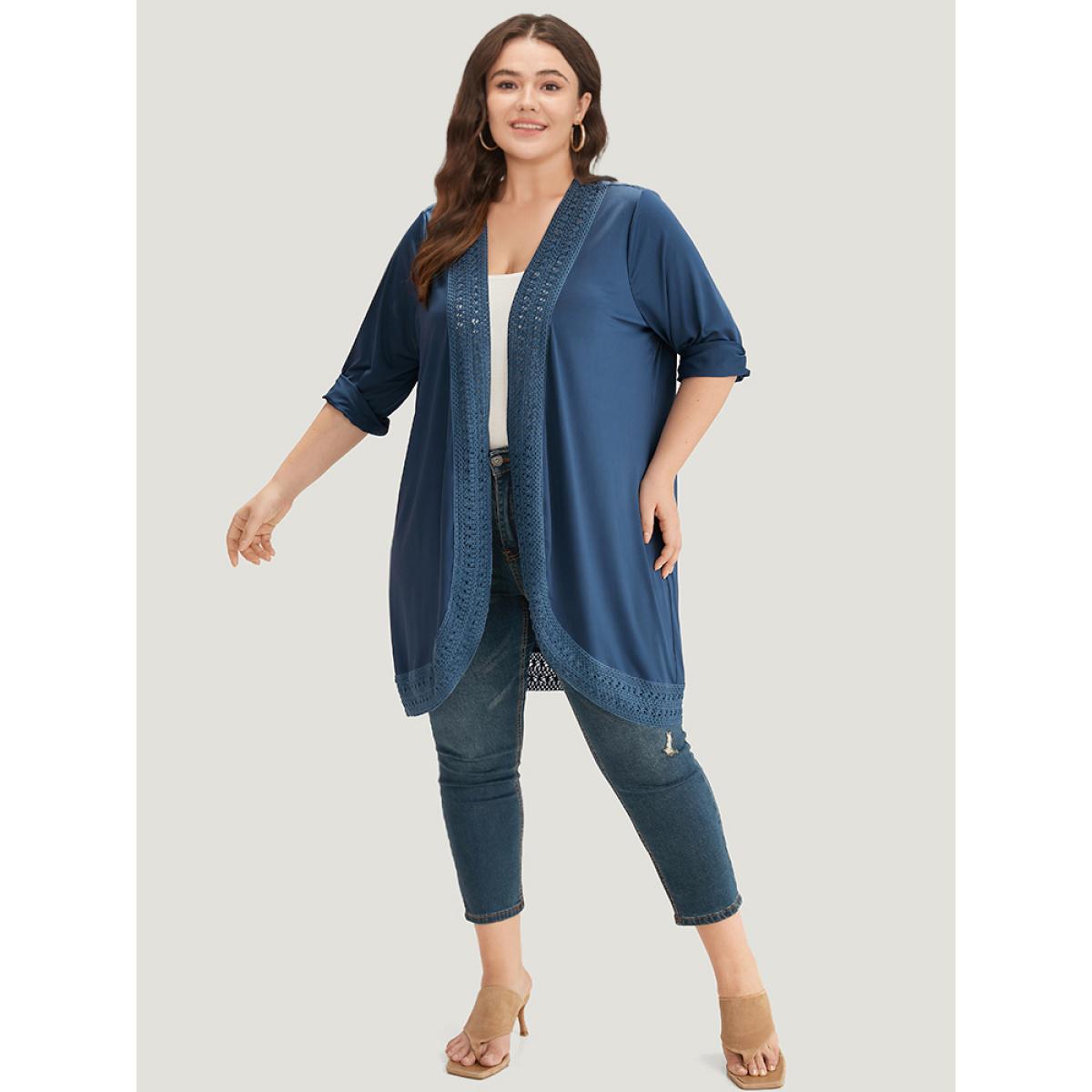 Plus Size Supersoft Essentials Plain Lace Patchwork Open Front Kimono Women DarkBlue Casual Plain Dailywear Kimonos BloomChic 10/M Product Image
