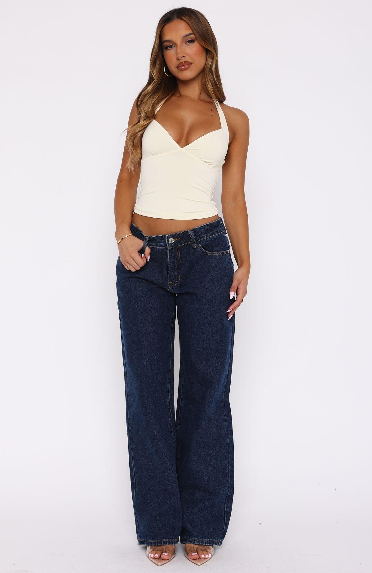 Bring The Style Low Rise Wide Leg Jeans Dark Blue Product Image
