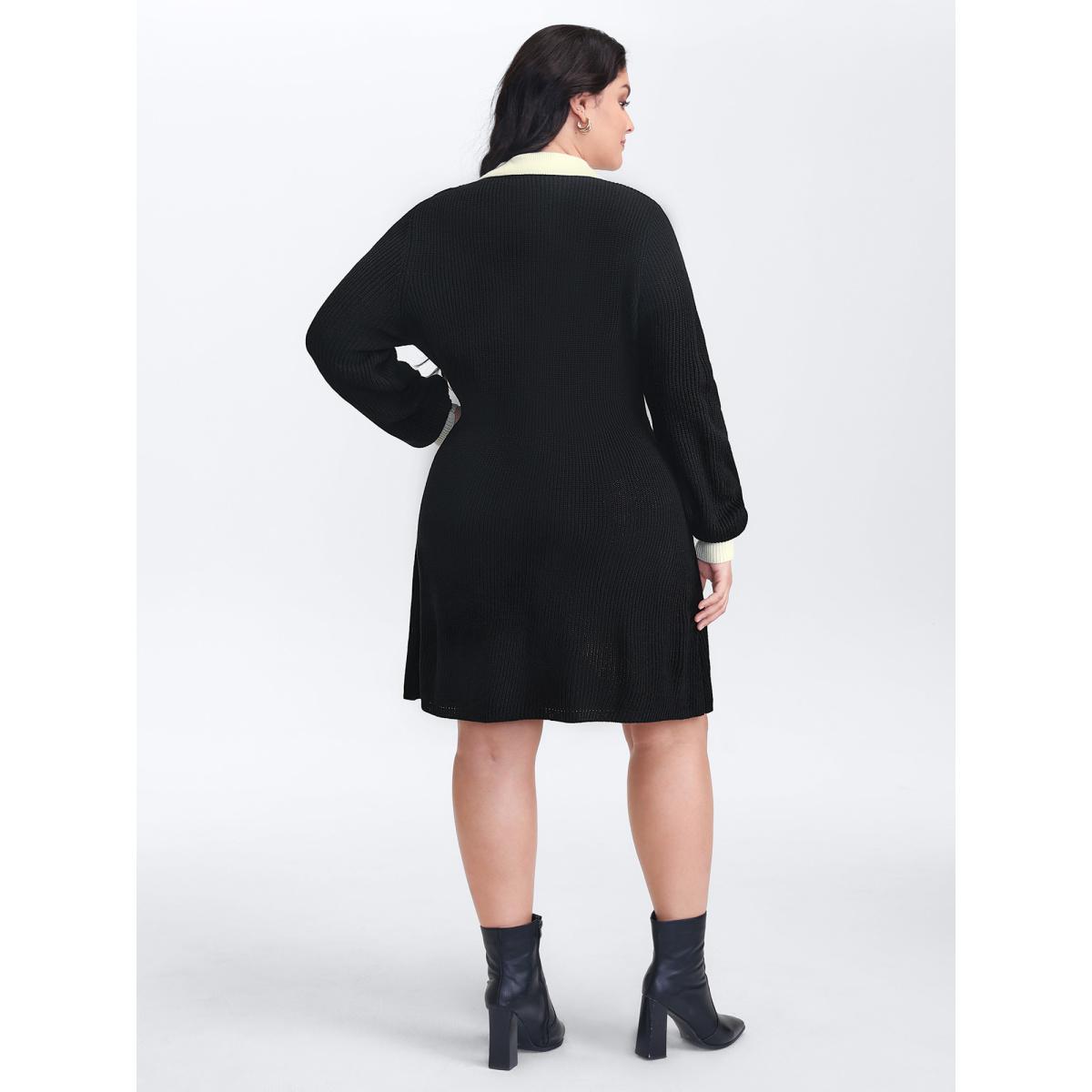 Plus Size Polo Collar Textured Waist Defining Knit Dress Black Women Timeless Bodycon Long Sleeve Elegant Sweater Dresses BloomChic 18-20/2X Product Image