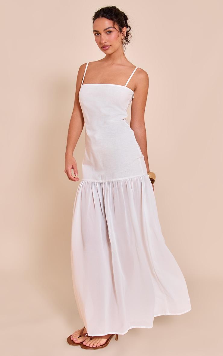 White Linen Look Strappy Dropped Waist Maxi Dress Product Image
