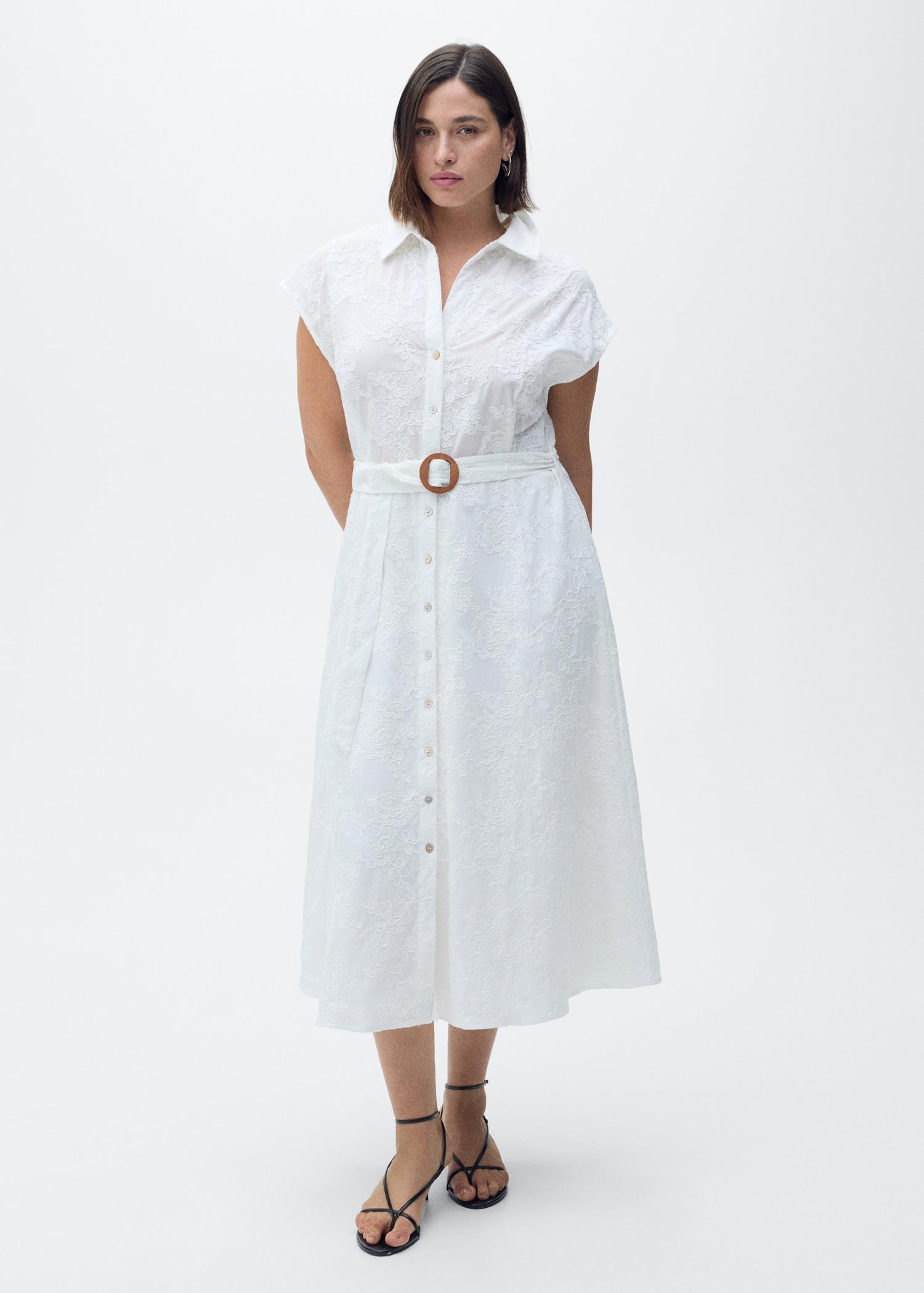 Embroidered shirt dress with belt - Women | MANGO USA Product Image