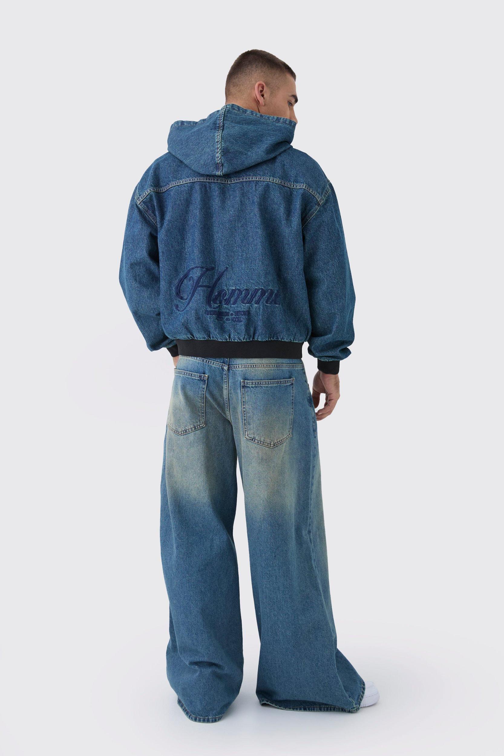 Boxy Denim Embroidered Hoodie | boohooMAN USA Product Image