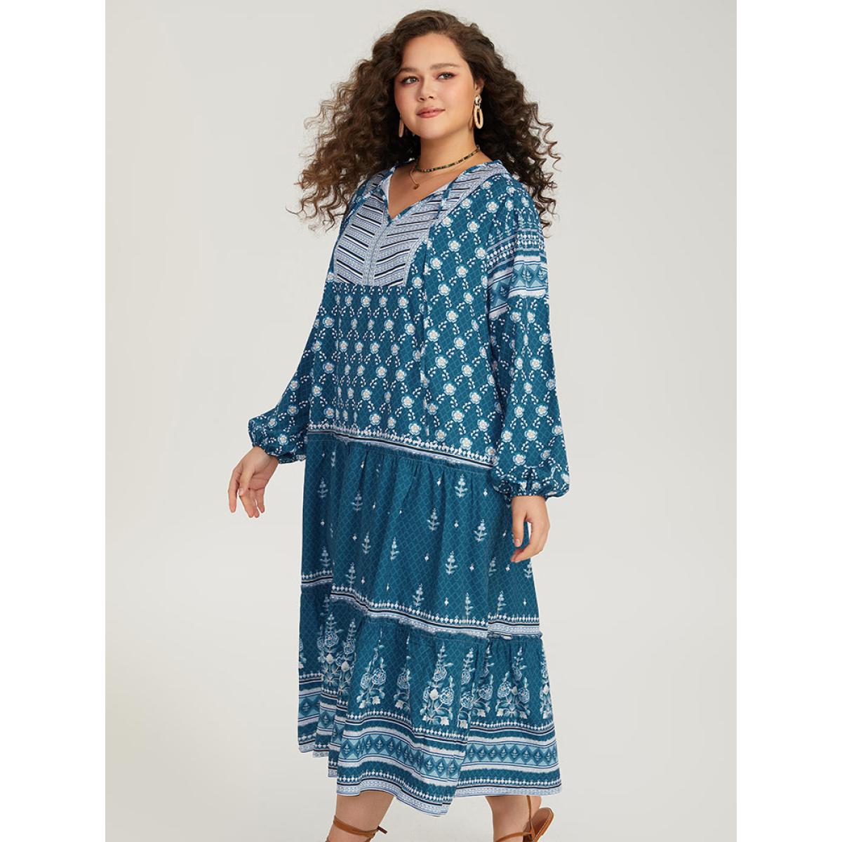 Plus Size Bandana Print Knot Neck Lantern Sleeve Dress Aegean Women Vacation Elastic cuffs Tie Neck Long Sleeve Curvy Midi Dress BloomChic 14-16/1X Product Image