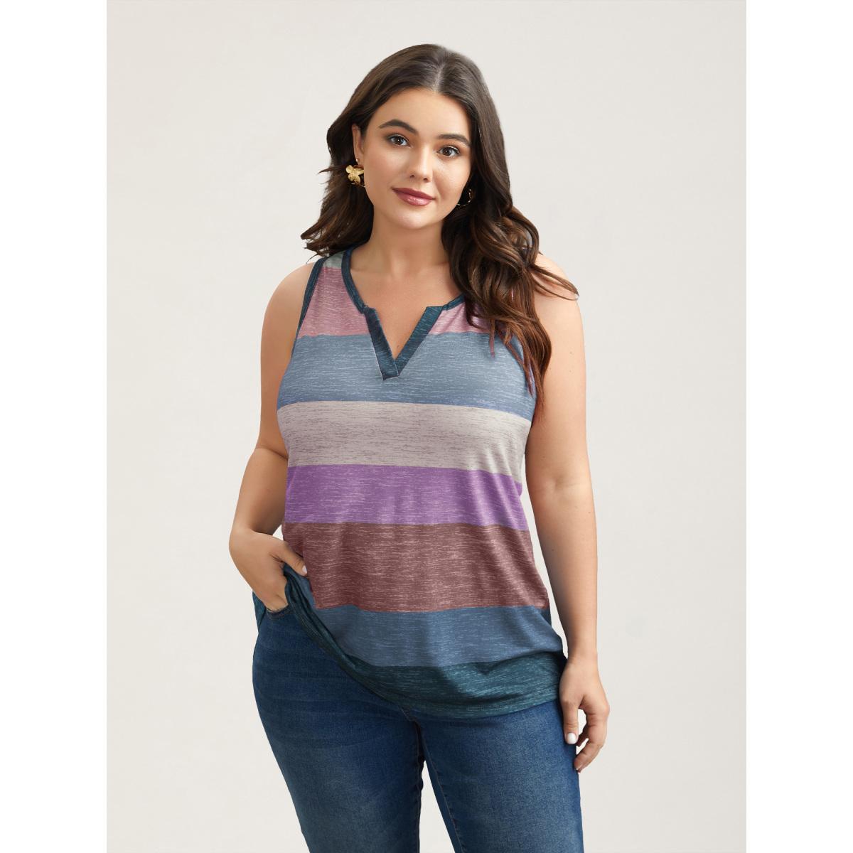 Plus Size Multi-Color Stripes Off-Sleeves Vest Women Burgundy Leisure Contrast Notched collar Casual Tank Tops Camis BloomChic 30/6X Product Image