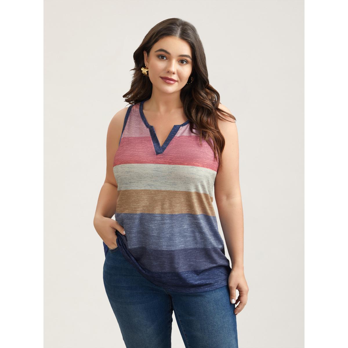 Plus Size Multi-Color Stripes Off-Sleeves Vest Women Multicolor Leisure Contrast Notched collar Casual Tank Tops Camis BloomChic 18-20/2X Product Image