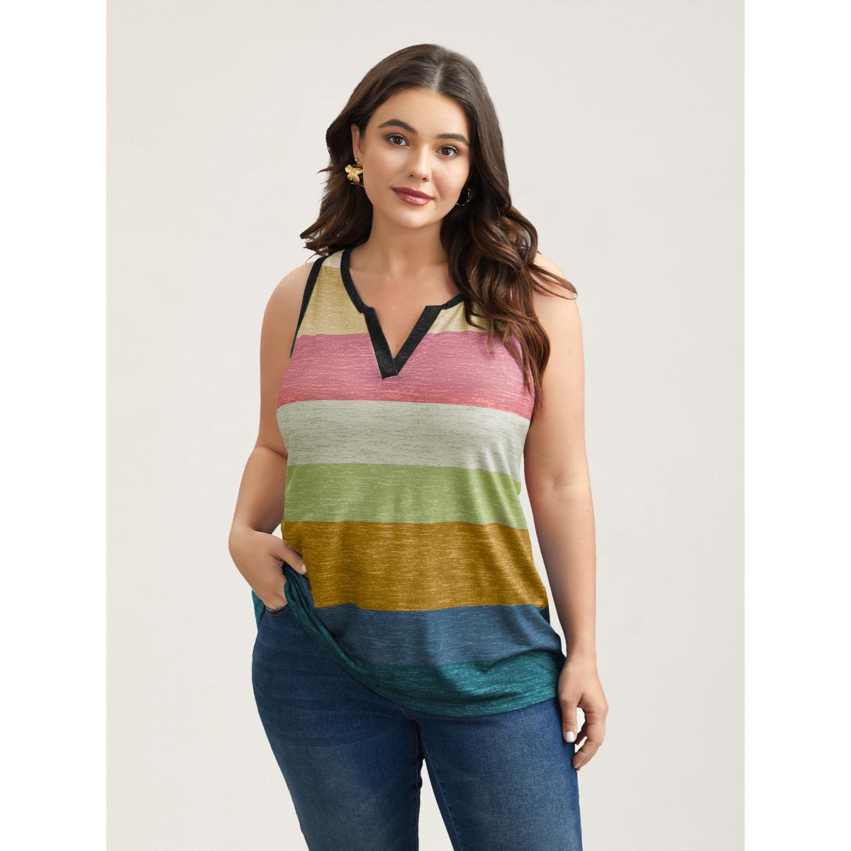 Plus Size Multi-Color Stripes Off-Sleeves Vest Women Beanpastepowder Elegant Contrast Notched collar Everyday Tank Tops Camis BloomChic 26/4X Product Image