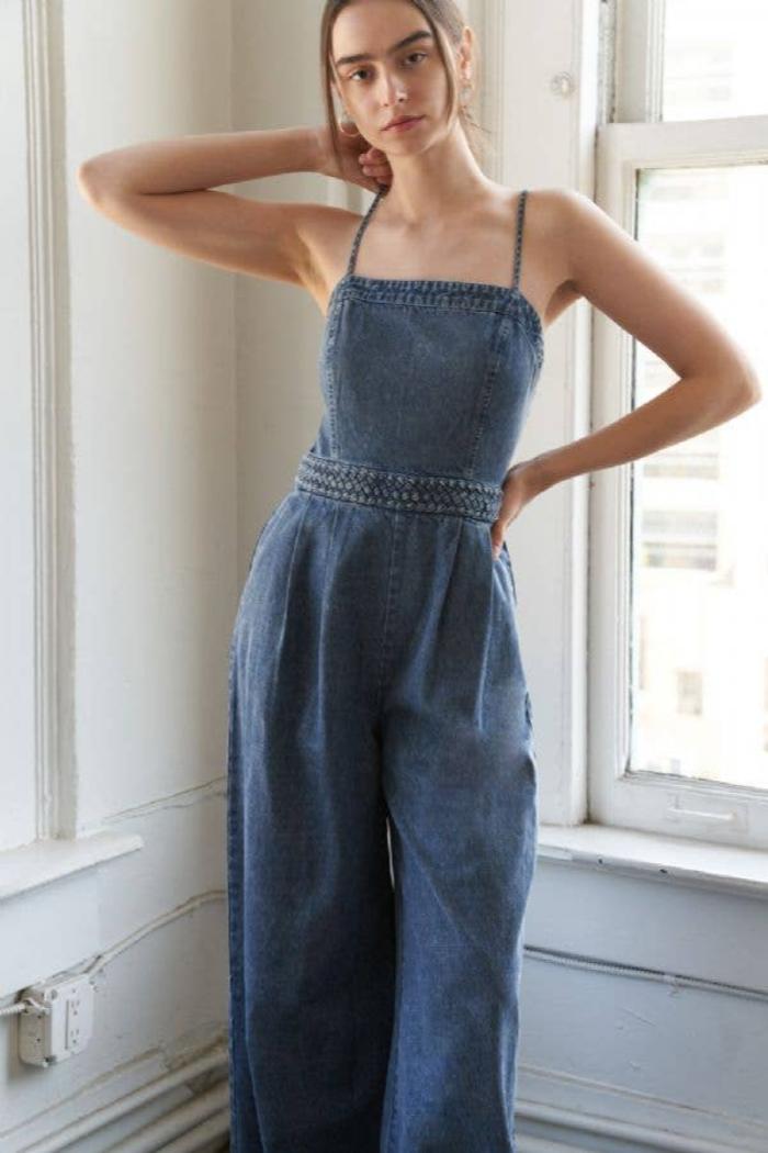 Denim Acid Washed Wide Leg Jumpsuit Product Image