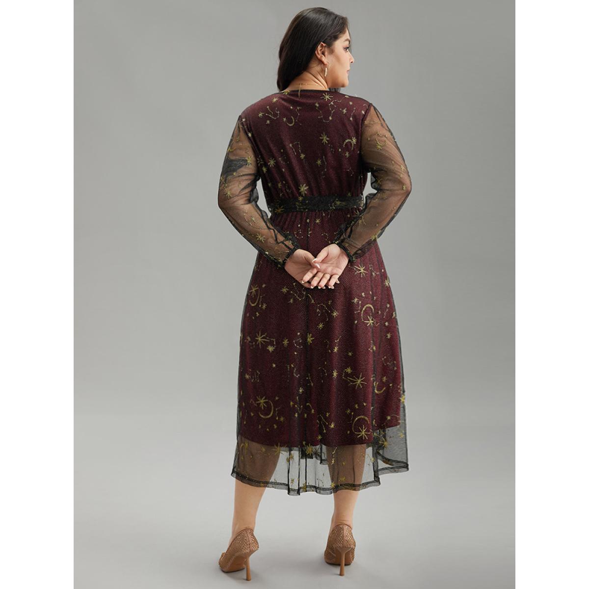 Plus Size Moon & Star Embroidered Mesh Wrap Dress Scarlet Women Party Elastic cuffs Overlap Collar Long Sleeve Curvy Midi Dress BloomChic 28/5X Product Image
