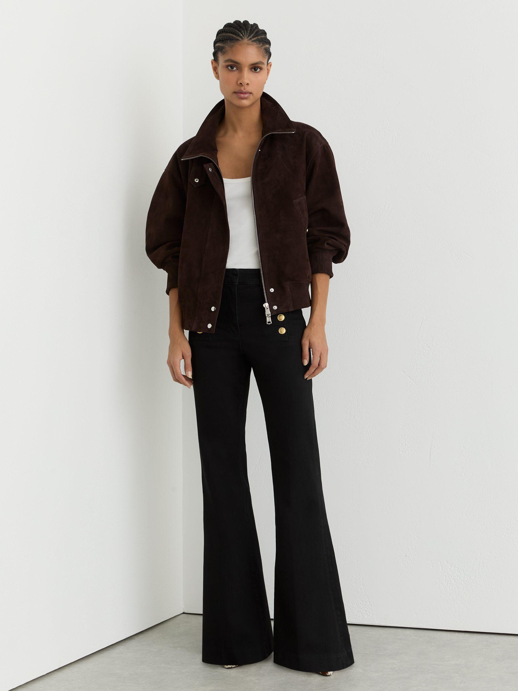 Button-Detail High-Rise Flared Jeans in Black Product Image
