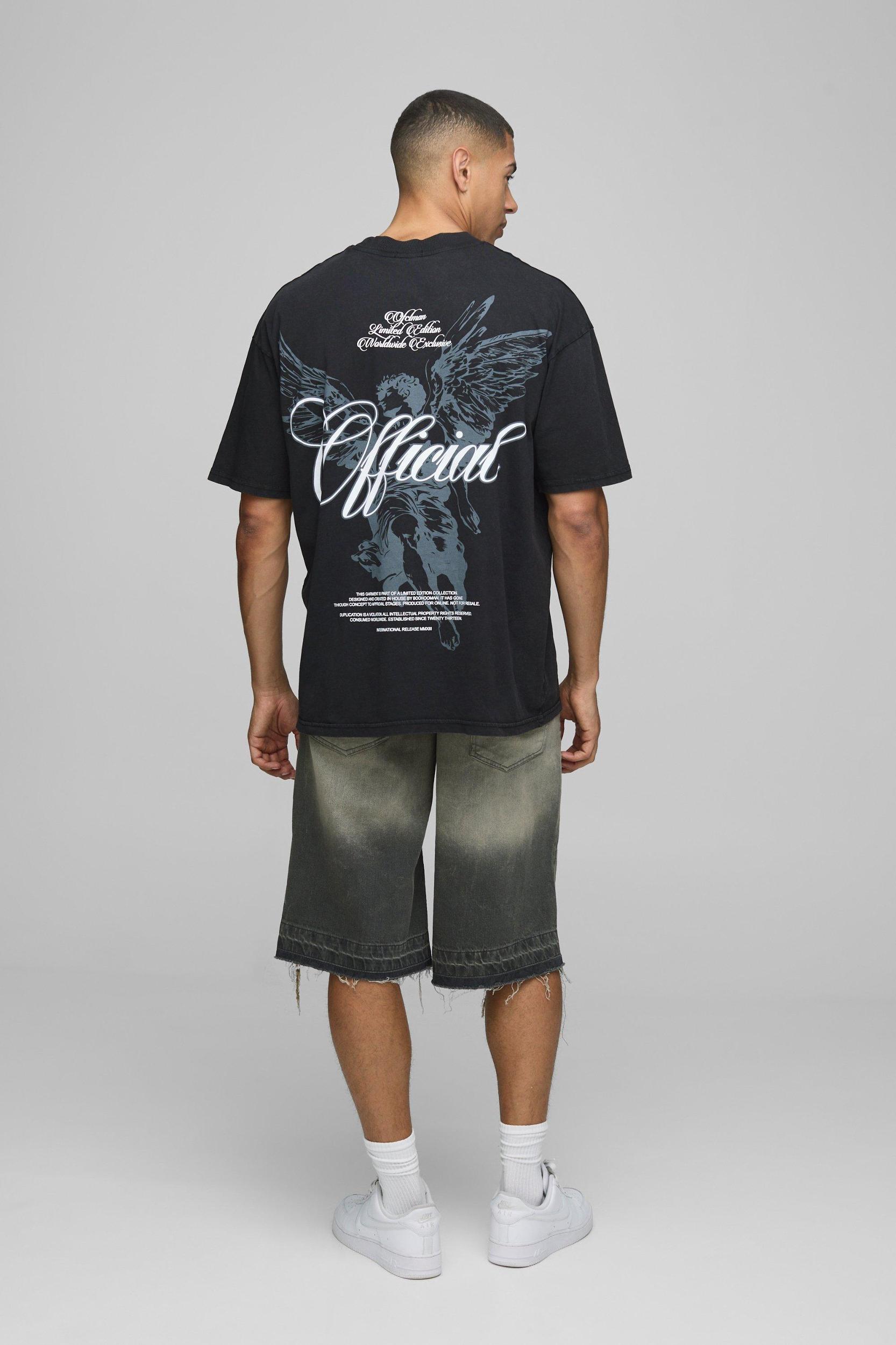 Black Oversized Extended Neck Official Renaissance Washed T-Shirt | boohooMAN USA Product Image