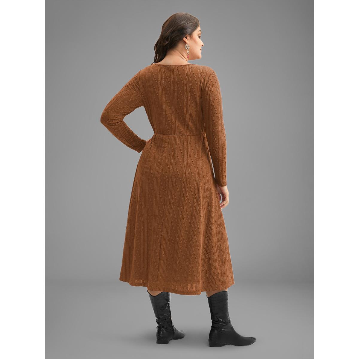 Plus Size Textured Knit Fit-And-Flare Midi Dress Burgundy Women Leisure Texture Round Neck Long Sleeve Curvy BloomChic 26/4X Product Image