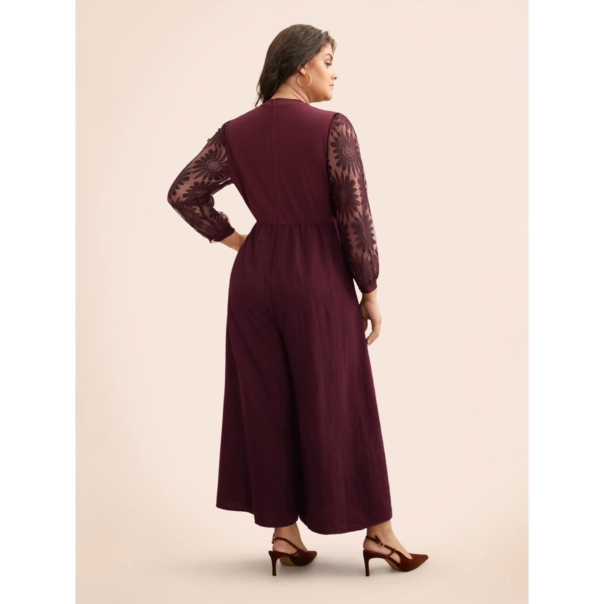 Plus Size Plum Crochet Lace Mesh Mock Neck Jumpsuit Women Elegant Long Sleeve Mock Neck Everyday Loose Jumpsuits BloomChic 18-20/2X Product Image