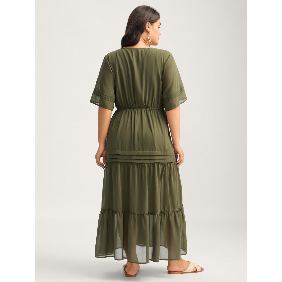 Plus Size Pleated Neck-Tie Tiered Solid Midi Dress ArmyGreen Women Flat collar with V-notch Long Sleeve Curvy BloomChic 18-20/2X Product Image