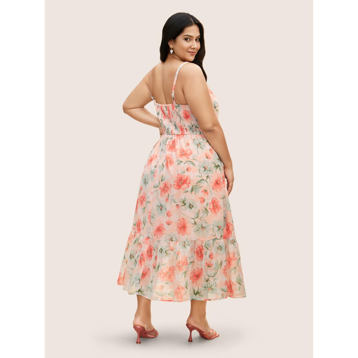Plus Size Watercolor Floral Shirred Ruffle Hem Cami Dress Crepe Women Elegant Shirred Strapless Sleeveless Curvy BloomChic 26/4X Product Image