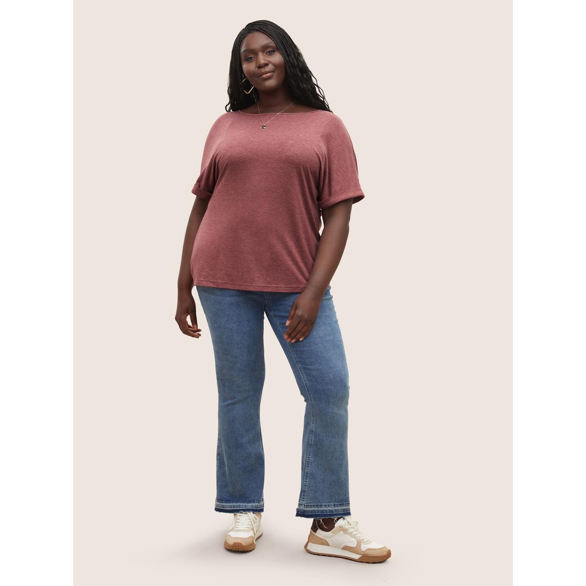 Plus Size Heather Button Detail Dolman Sleeve T-shirt Russet Women Casual Button Plain Round Neck Everyday T-shirts BloomChic 30/6X Product Image